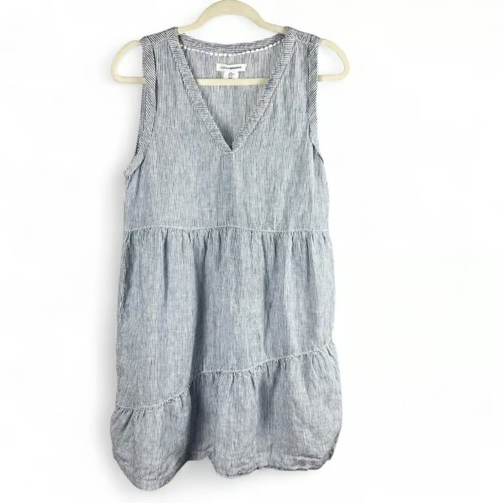 Lucky Brand 100% Linen Tiered Stripe Dress M Coastal Summer Weekends Picnics